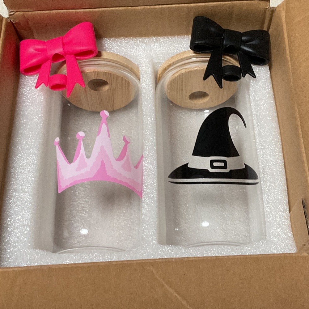 Pink and Black Bow Glass Cups